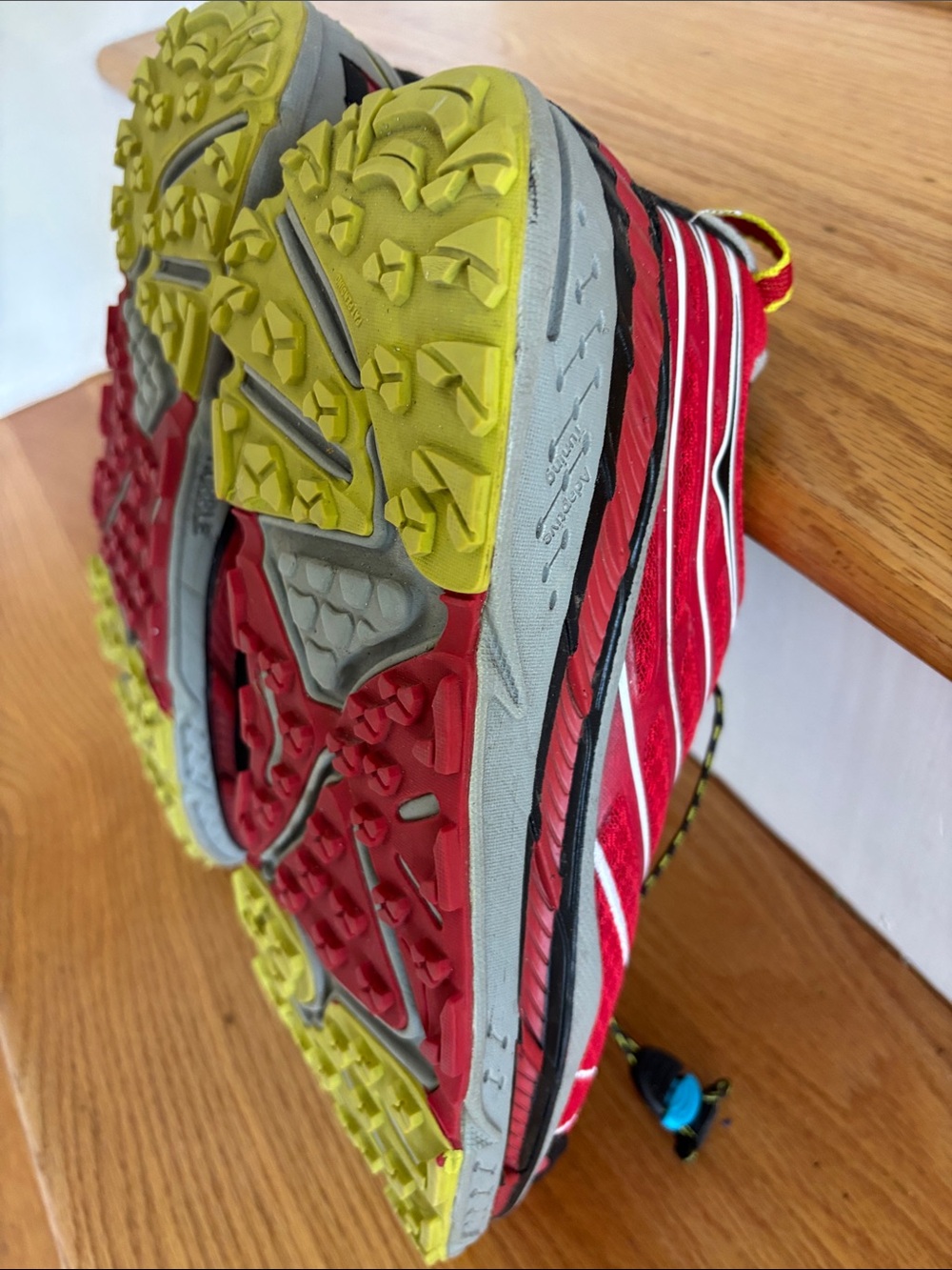 Hoka One One Red Black Athletic Shoes with Yellow Accents - Picture 3 of 9